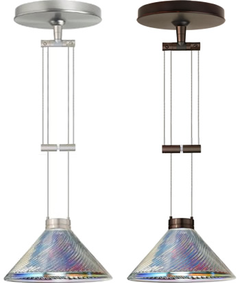 Besa 1XA-550493-SN Satin Nickel and 1XA-550493-BR Bronze Adjustable Mini Pendants with Iridescent Dicro Swirl Glass - Besa Lighting with Iridescent Dicro Swirl Glass