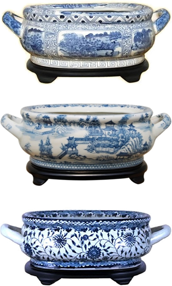 Three foot bath basins with handles and wood stands, Chinese Scenes, Pagoda Landscape and Chrysanthemum - Oval Blue Willow Porcelain Flower Pots - my Design42