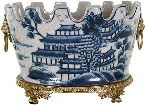 Blue Willow Pattern Raku Crackeled Oval Flowerpot with Brass Footed Base and Lion Ring Handles - Oval Blue Willow Porcelain Flower Pots - my Design42