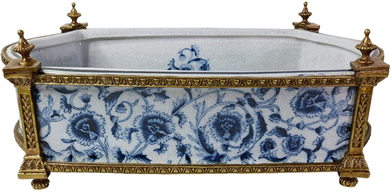 Rectangular Basin with Brass Frame and Feet - The chrysanthemum pattern is inside, too. - Oval Blue Willow Porcelain Flower Pots - my Design42