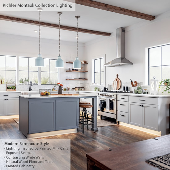 Modern Farmhouse Kitchen with Kichler Montauk Pendants over the island - Farmhouse Style Lighting from Kichler - My design42