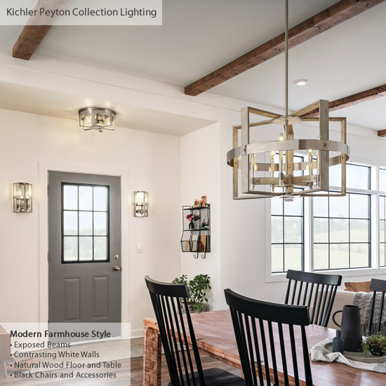 Modern Farmhouse Dining Room with a chandelier pendant over the table. The nearby entry has two coordinating wall sconces and a ceiling light all from the Peyton Collection from Kichler Lighting - Farmhouse Style Lighting from Kichler - My design42