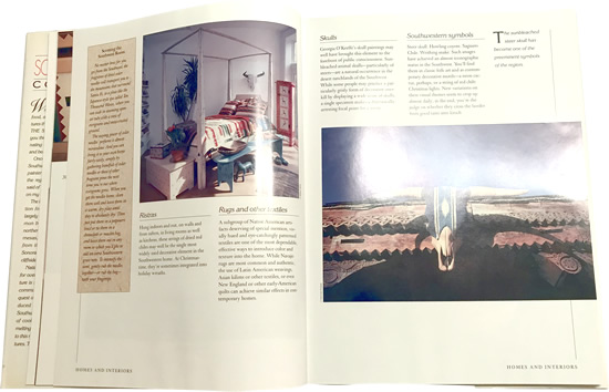 Left: Simple bedroom with many of the Hallmarks of Southwestern Architecture and Decor, white walls with simple wood furniture, a steer skull, textiles inspired by Native American designs, a simple bench painted blue Right: A steer skull decorated with a Native American inspired pattern The Southwestern Companion by Norman Kolpas - The Southwestern Companion by Norman Kolpas - Southwestern Architecture and Décor – myDesign42