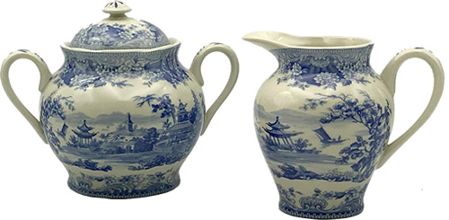 Pagoda Blue and White Cream Pitcher and Sugar Bowl