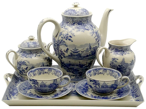 Pagoda Blue and White Antique Reproduction Transferware Porcelain Tea Set with Tray from the Madison Bay Company