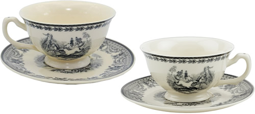 Equestrian Black Transferware on White Porcelain Tea Cups and Saucers from the Madison Bay Company