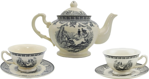 Equestrian Black Transfer on White Porcelain Teapot, cups and saucers from the Madison Bay Company