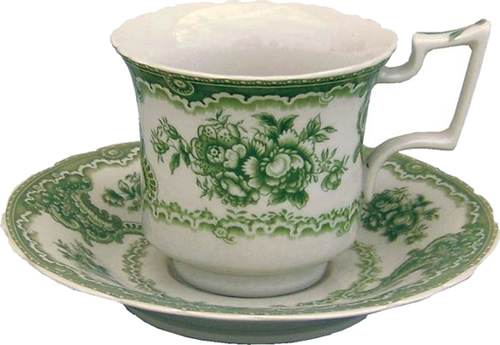 The tea cup and saucer from the Botanical Green Pattern Antique Reproduction Transferware Porcelain Tea Set with Tray from the Madison Bay Company