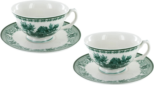 Green Toile Tea Cups and Saucers