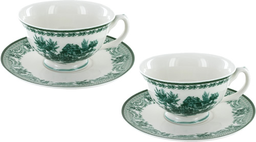  Madison Bay Company Green Toile Tea Cups and Saucers