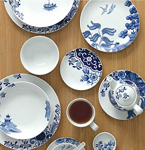 The plates, bowls and cups are available in different sizes and shapes. They each use different elements from the Blue Willow pattern. - Loveramics Willow Love Story Pattern Dishes - My design42