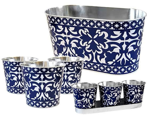 Esschert Design Portuguese Style Blue & White Metal Planters