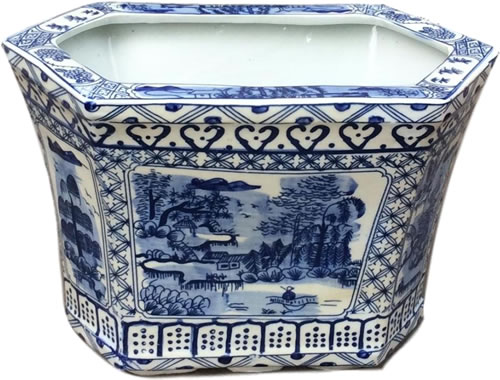 Asian Caravan Blue Willow Canton Cachepot Planter