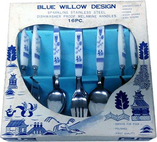 16 piece Blue willow Design Forks, Soup Spoons, Tea Spoons and Knives Sparkling Stainless Steel Dishwasher Proof Melamine Handles