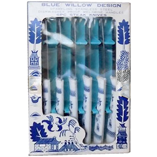 6 Piece Blue willow Design Steak Knives Set Sparkling Stainless Steel Dishwasher Proof Melamine Handles