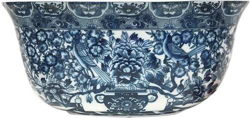 19" Hidden Bird Blue and White Oval Foot Bath