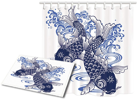 Bath Mat and Shower Curtain printed with Koi Fish in Porcelain Blue