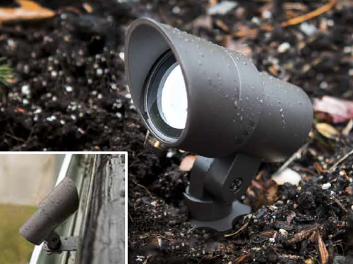 WAC Lighting Accent LED Landscape Lights have an adjustable beam angle and brightness control Inset shows gutter mount accessory