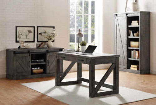 Office with Rustic Gray Credenza, Writing Table Desk and Bookcase with Sliding Barn Door