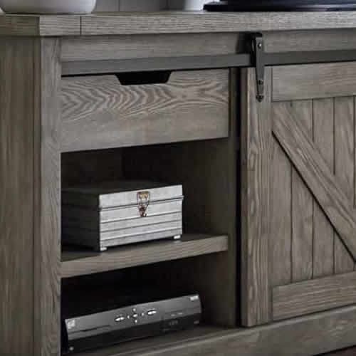 Detail of the steel rails for the sliding barn style door on the credenza and console