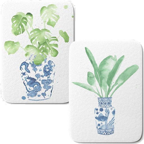 Small Bath Mats printed with Cobalt Blue and White Asian Pattern Vases with Monstera Leaves and Bird of Paradise Leaves