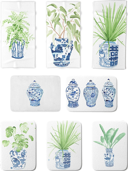 Blue and White Ginger Jar Bathroom Mats and Towels