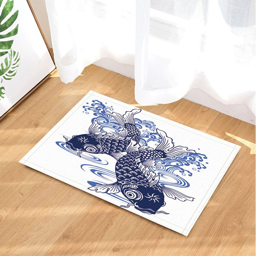 Asian Blue and White Porcelain Fish Mat and Shower Curtain