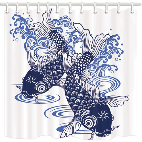 Asian Blue and White Porcelain Fish Mat and Shower Curtain