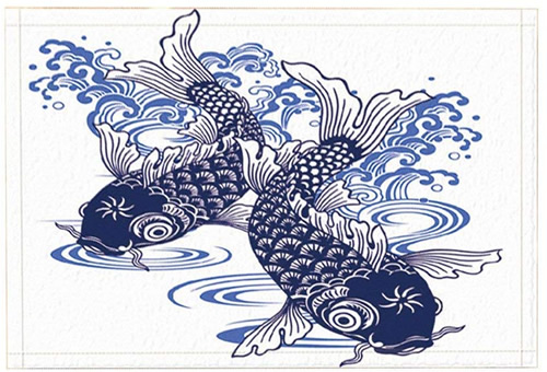 Asian Blue and White Porcelain Fish Mat and Shower Curtain