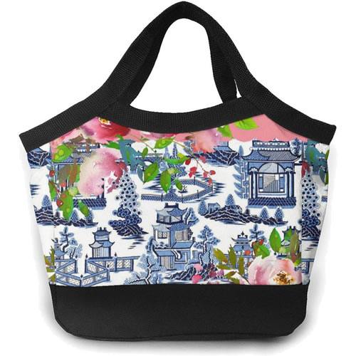 Pink Roses and Blue Willow Pattern Tote Lunch Cooler