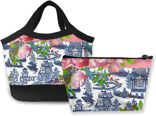 Pink Roses and Blue Willow Pattern Lunch Tote and Reusable Zip Case