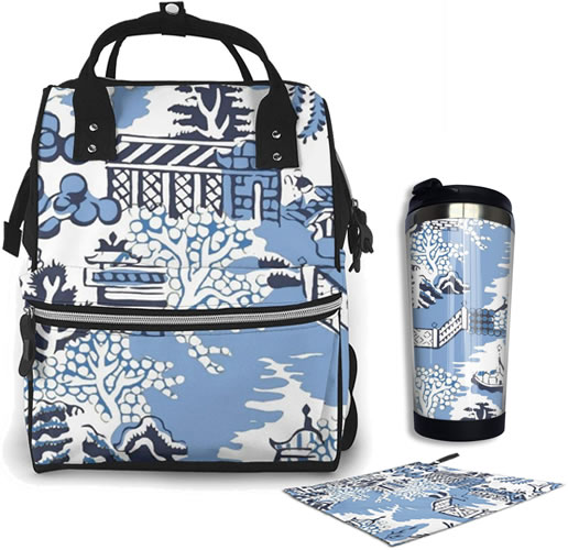 Winter Blue Willow Back Pack Lunch Box, Winter Blue Willow Vacuum Car Cup and Winter Blue Willow Waterproof Reusable Snack Bag