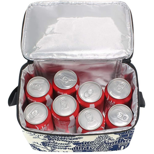 The Traditional Blue Willow Lunch Box is big enough to hold 8 cans of soda.