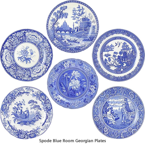 Spode Botanical, Floral, Girl at Well, Rome, Willow and Woodman Blue Room Georgian Plates Collection