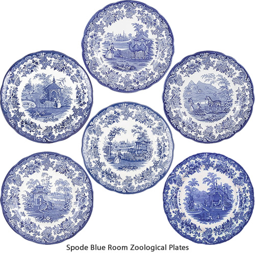 Spode Rhinoceros, Kangaroo, Camel, Tiger, Zebra and Ostrich Blue Room Zoological Plates