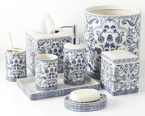 All eight pieces in the Orsay Fine Porcelain Bath Accessories in Blue on White