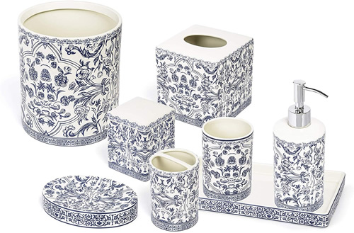 All eight pieces in the Orsay Fine Porcelain Bath Accessories in Blue on White