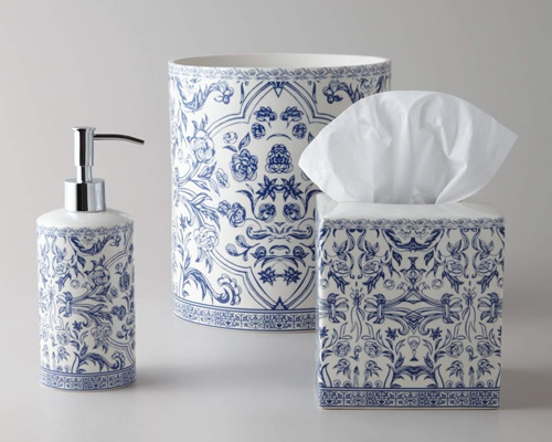 Orsay Fine Porcelain Blue and White Soap or Lotion Pump, Waste Basket and Tissue Cover Bath Accessory