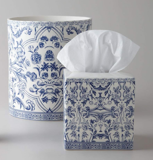 Orsay Fine Porcelain Blue and White Trash Container and Tissue Cover Bath Accessory