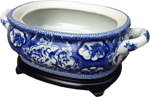 Asian Caravan Blue and White Bird and Flower Porcelain Footbath with Base