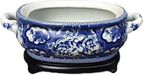 Asian Caravan Blue and White Bird and Flower Porcelain Footbath with Base