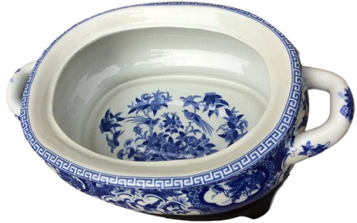 Pattern inside Asian Caravan Blue and White Bird and Flower Porcelain Footbath with Base