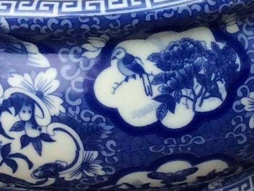 Detail on Asian Caravan Blue and White Bird and Flower Porcelain Footbath with Base