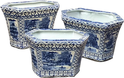 Asian Caravan Blue Willow Canton Cachepot Planters