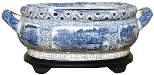 Asian Style Furnishing Landscape Scene Blue and White Porcelain Foot Basin with Stand