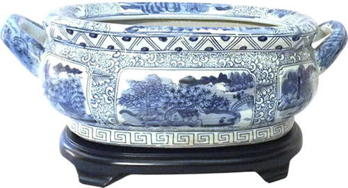 Asian Style Furnishing Landscape Scene Blue and White Porcelain Foot Basin with Stand