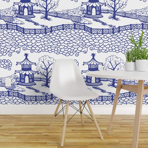 Pagoda Cloud Fretwork wallpaper in Cobalt by Danika Herrick from Roostery and Spoonflower