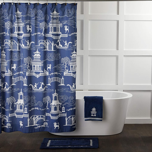 Vern Yip Chinoiserie Shower Curtain and Towel with Blue Willow themes