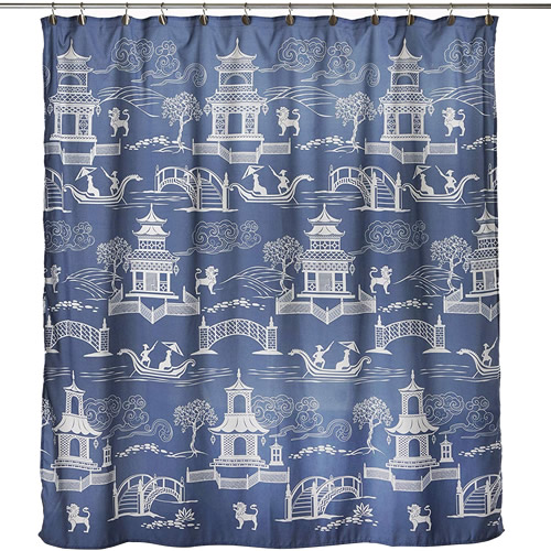 Vern Yip Chinoiserie Shower Curtain with reversed white on blue pagoda, gondola, bridge, willows and foo lion