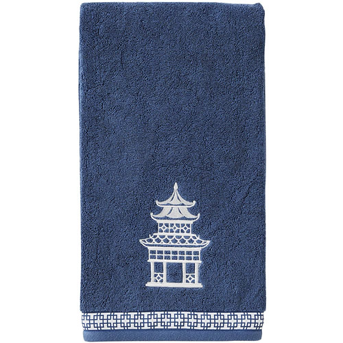 Vern Yip Chinoiserie Bath Towel has a pagoda in white embroidery and a decorative grosgrain ribbon trim